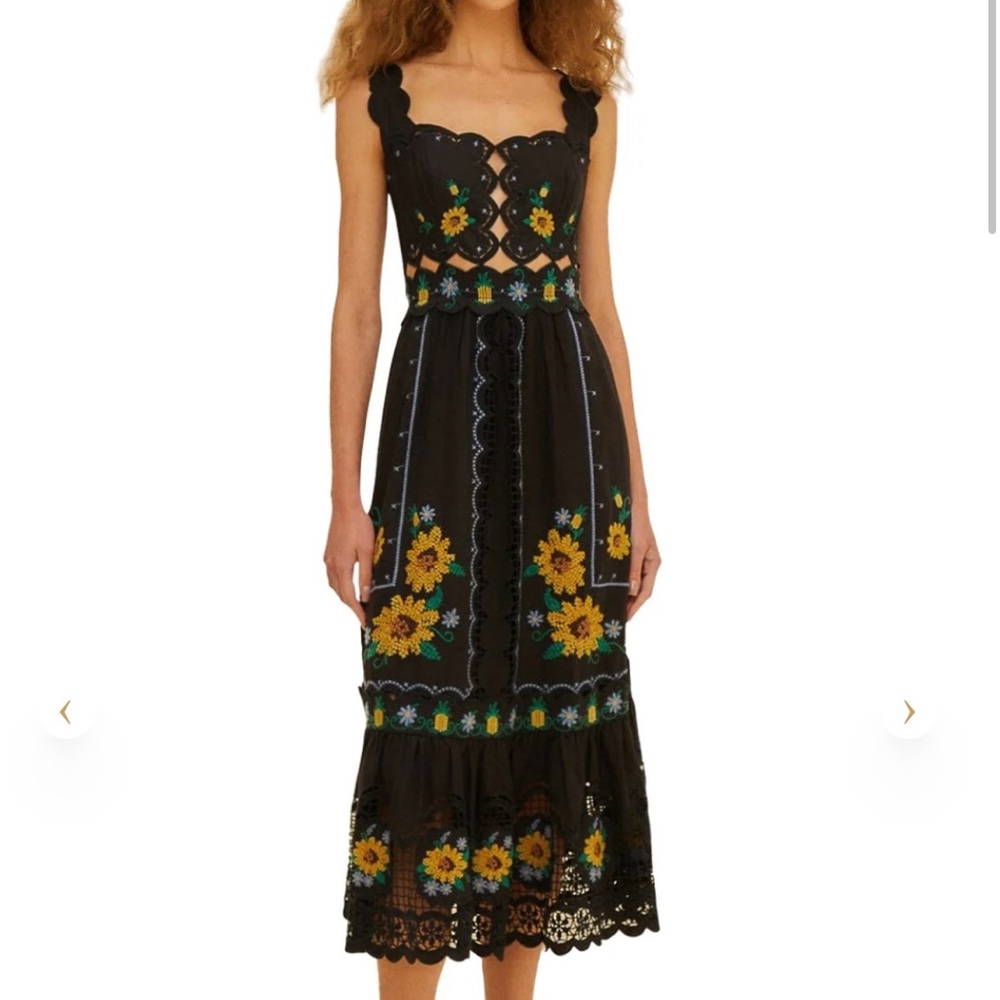 ISO: FARM Rio Black Cross Stitch Richelieu Sunflower midi dress
